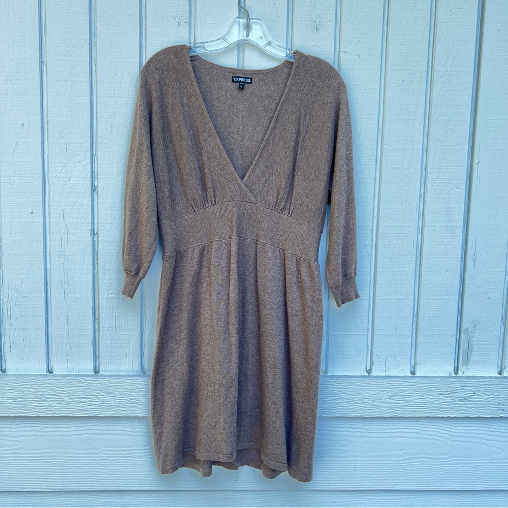 Express: Brownish Grey Knit V-Neck Midi Sweater Dress. Women’s size Medium.